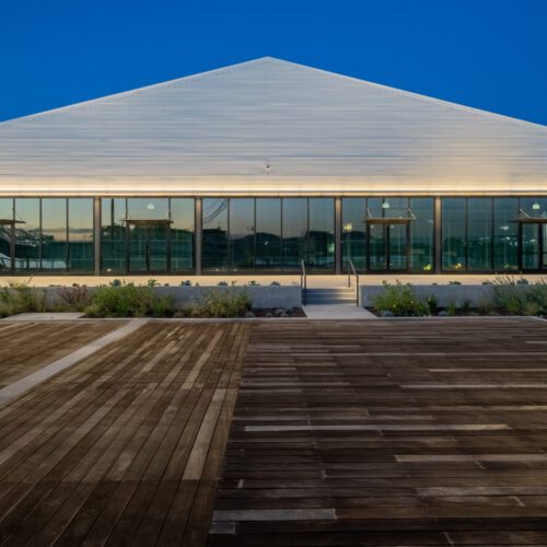 Modern retail center with glass walls in San Pedro, CA.