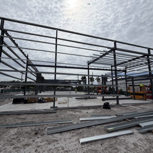 Pre-engineered metal building erection in Florida.