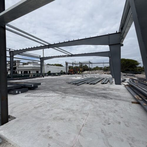 Pre-engineered steel building installation in Boca Raton, Florida.