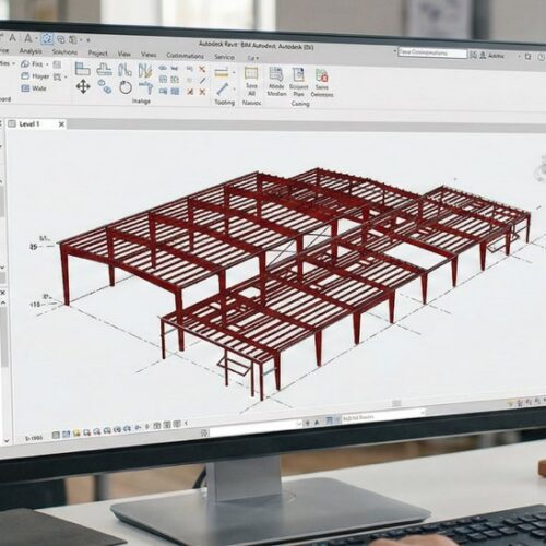EcoSteel 3D modeling visual on a computer screen of a fitness center.
