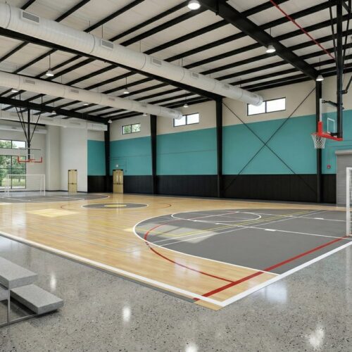 EcoSteel clear span metal framing gym rendering in California.