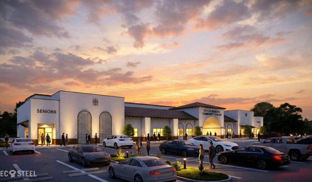 EcoSteel metal building fitness center at sunset.