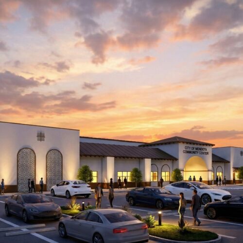 EcoSteel metal building fitness center at sunset.