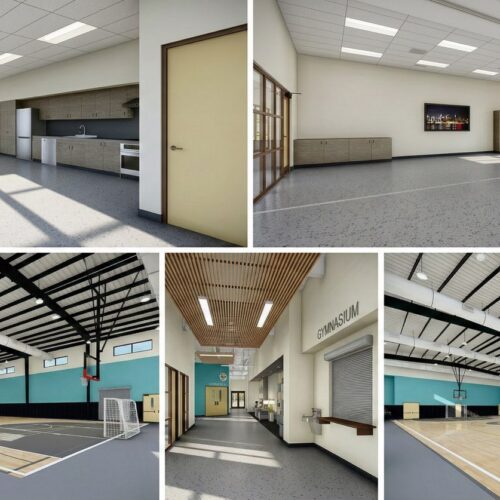 Collage of renderings illustrating possible community center interiors in Mendota, California.