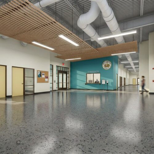 Clear span indoor gym rendering for a fitness center.