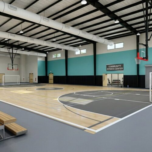 Luxury basketball court rendering with metal building structure.