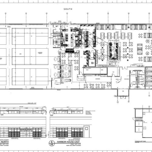 Elevation drawings of indoor pickleball courts.